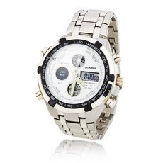 Business Men Dual Cores Steel Band Waterproof Day Date Display Alarm LED Digital Quartz Wrist Watch White