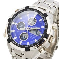 Business Men Dual Cores Steel Band Waterproof Day Date Display Alarm LED Digital Quartz Wrist Watch Blue