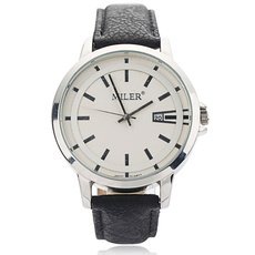 Unique Large Round Dial Alloy Watchcase Leather Band Unisex Wrist Watch White Dial Black Band