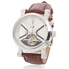 Black & White Round Dial Waterproof Mechanical Movement Men's Watch with Coffer Leather Band