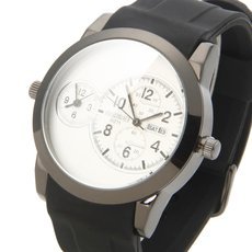 Dual Movement Dual Time and Date Display Silicone Band Unisex Wrist Watch White Dial Black Band