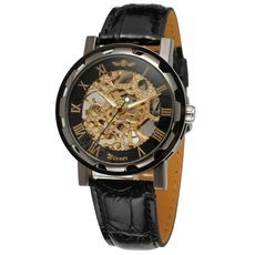 Winner Skeleton Round Dial Roman Numeral Hour-Marker Men Auto Mechanical Wrist Watch Black Case Black Dial Golden Number