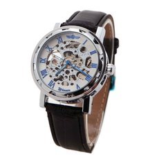Winner Skeleton Round Dial Roman Numeral Hour-Marker Men Auto Mechanical Wrist Watch Silver Case White Dial Blue Number